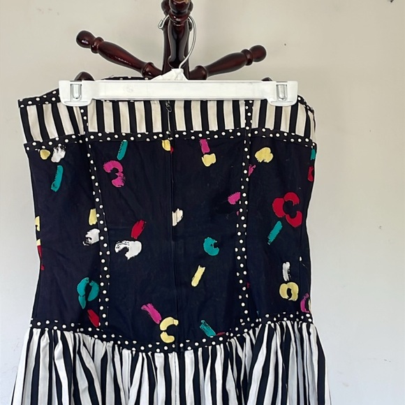 Leslie Lucks 80's Strapless Black & White Skirt Patterned Fitted Bodice Dress - Picture 6 of 11